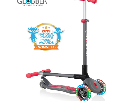 Globber Primo Foldable Lights Scooter with Anodized T Bar Grey Red - 432-120-2 (3y+) Online now