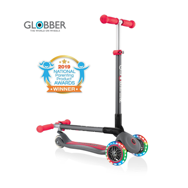 Globber Primo Foldable Lights Scooter with Anodized T Bar Grey Red - 432-120-2 (3y+) Online now