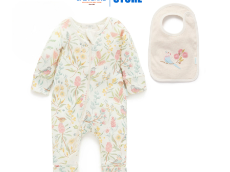 Purebaby Organic Aviary Garden Zip Growsuit & Reversible Bib Discount