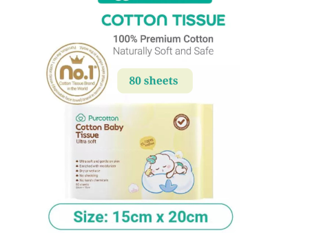 Purcotton 100% Cotton Baby Tissue Ultra Soft 80 Sheets 15X20cm For Sale