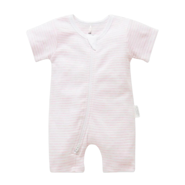 Purebaby Organic Short Leg Zip Growsuit - Pale Pink Melange Stripe Supply