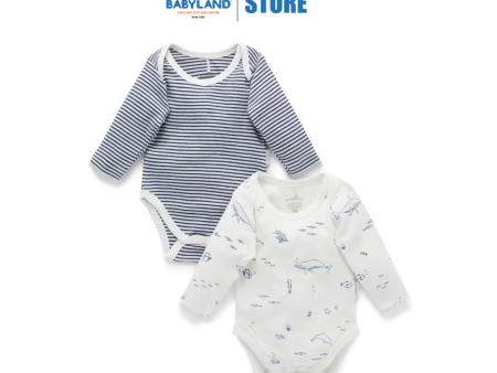 Purebaby 2 Pack Organic Easy Neck Long Sleeve Bodysuit - Vanilla Nautical Print Discount