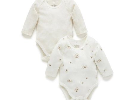 Purebaby 2 Pack Organic Baby Easy Neck Long Sleeve Bodysuit - Vanilla Cottonbud Fashion