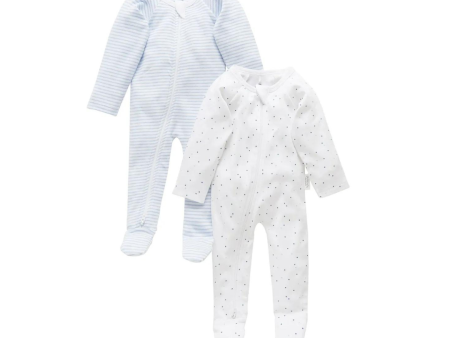 Purebaby Organic 2 Pack  Zip Growsuit -  Pale Blue set (polka dot and stripe) Online