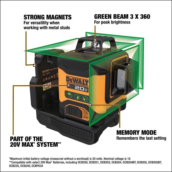 DeWALT DCLE34031D1 Line Laser Kit, 130 ft, + -1 8 in Accuracy, 2 -Beam, 3 -Line, Green Laser Sale