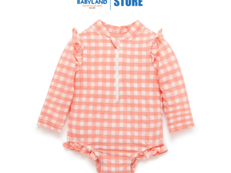 Purebaby Organic Baby Kids Frilly Long Sleeve Swimsuit Coral Gingham Supply