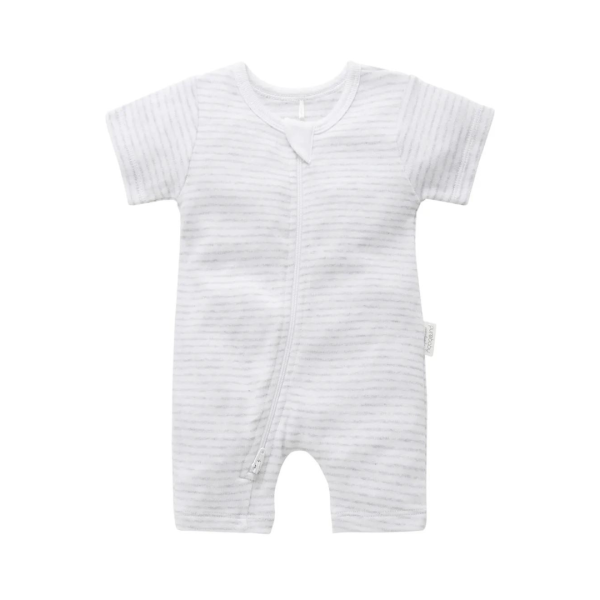 Purebaby Organic Short Leg Zip Growsuit Unisex - Pale Grey Melange Stripe Supply