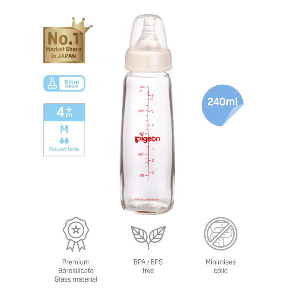 Pigeon Flexible Slim Neck Glass Nursing Bottle (120ml 240ml) For Sale