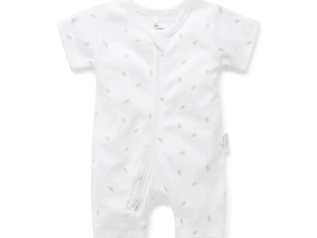 Purebaby Organic Short Leg Zip Growsuit Unisex - Pale Grey Leaf With Spot Discount