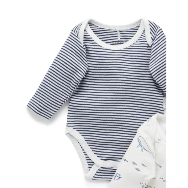 Purebaby 2 Pack Organic Easy Neck Long Sleeve Bodysuit - Vanilla Nautical Print Discount