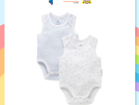 Purebaby 2 Pack Organic Singlet Bodysuit - Pale Blue Pack (Stripe   Polka Dot) Online now