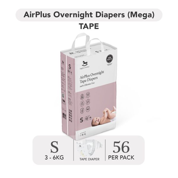 Applecrumby AirPlus Overnight Tape Diapers - S56   M52   L48   XL42 For Sale