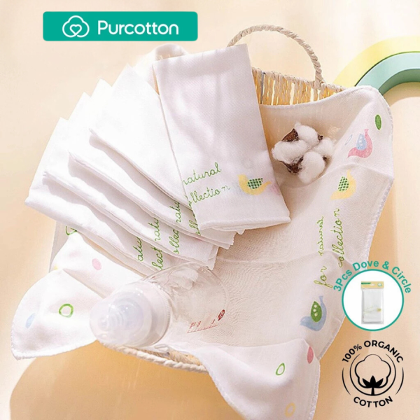 Purcotton Baby Gauze Handkerchief 2 Layers 32cm x 32cm(3pcs)Dove and Circle Hot on Sale