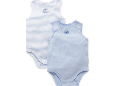 Purebaby 2 Pack Organic RIB  Singlet Bodysuit - Pale Blue Pack For Sale