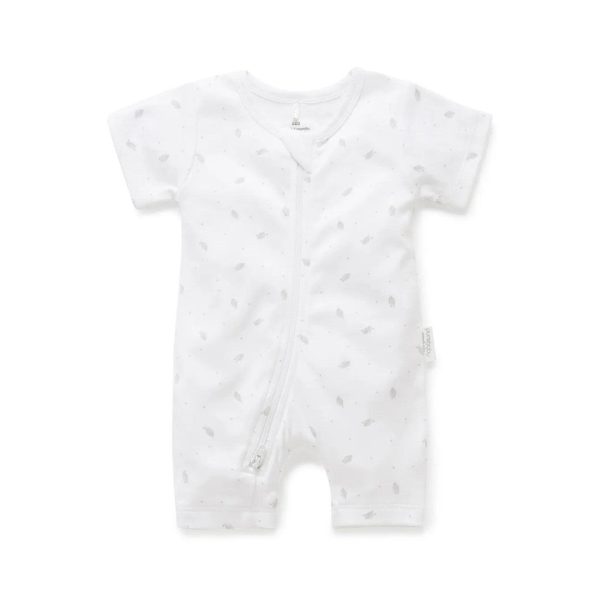 Purebaby Organic Short Leg Zip Growsuit Unisex - Pale Grey Leaf With Spot Discount