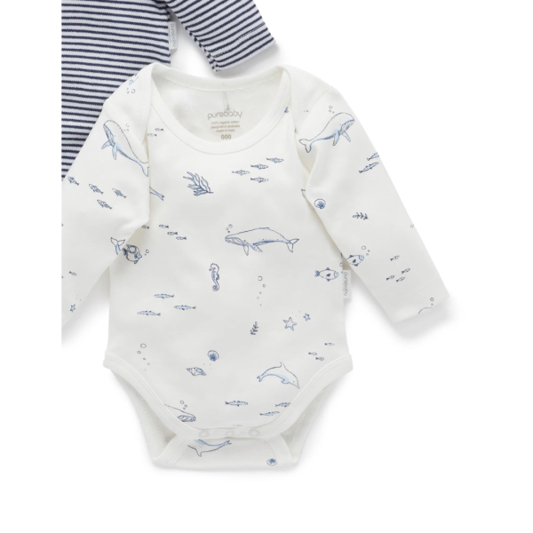 Purebaby 2 Pack Organic Easy Neck Long Sleeve Bodysuit - Vanilla Nautical Print Discount